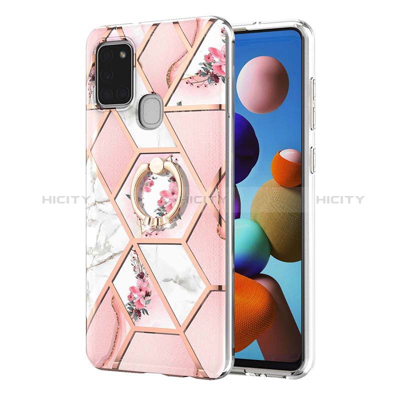 Funda Silicona Gel Goma Patron de Moda Carcasa con Anillo de dedo Soporte Y02B para Samsung Galaxy A21s