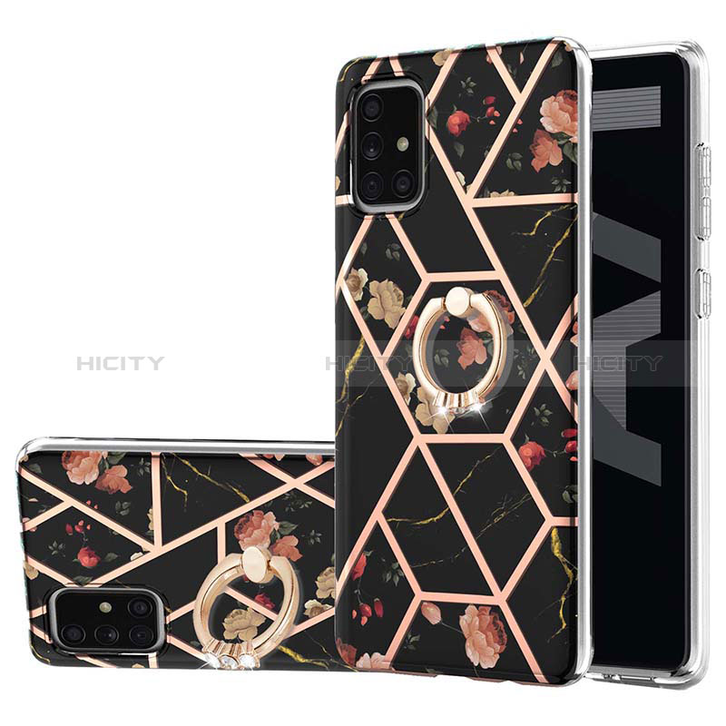 Funda Silicona Gel Goma Patron de Moda Carcasa con Anillo de dedo Soporte Y02B para Samsung Galaxy A71 5G Negro