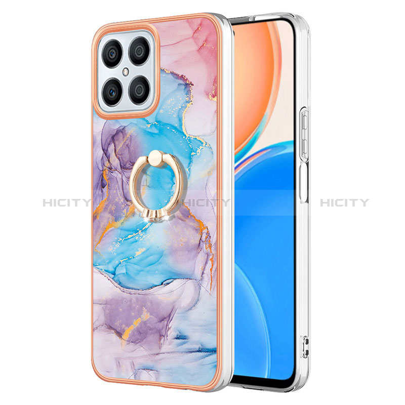 Funda Silicona Gel Goma Patron de Moda Carcasa con Anillo de dedo Soporte Y03B para Huawei Honor X8 4G Azul