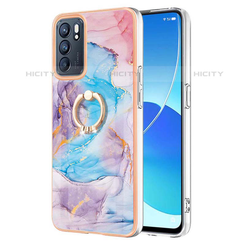 Funda Silicona Gel Goma Patron de Moda Carcasa con Anillo de dedo Soporte Y03B para Oppo Reno6 5G Azul