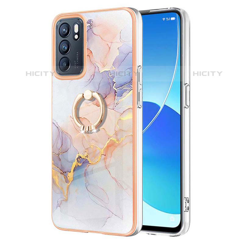 Funda Silicona Gel Goma Patron de Moda Carcasa con Anillo de dedo Soporte Y03B para Oppo Reno6 5G Purpura Claro