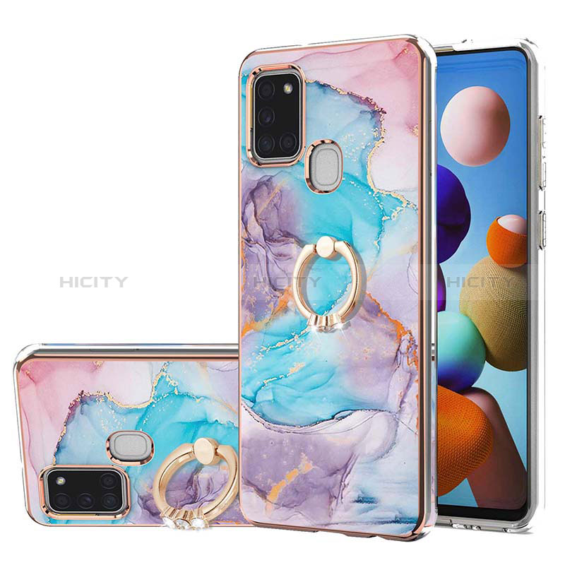 Funda Silicona Gel Goma Patron de Moda Carcasa con Anillo de dedo Soporte Y03B para Samsung Galaxy A21s Azul