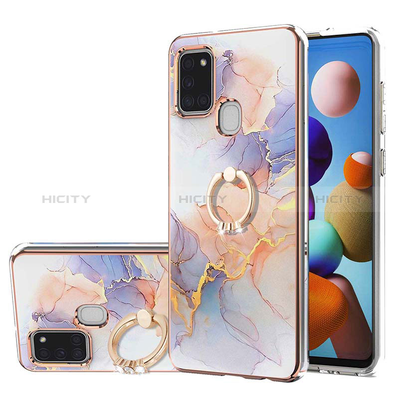 Funda Silicona Gel Goma Patron de Moda Carcasa con Anillo de dedo Soporte Y03B para Samsung Galaxy A21s Purpura Claro