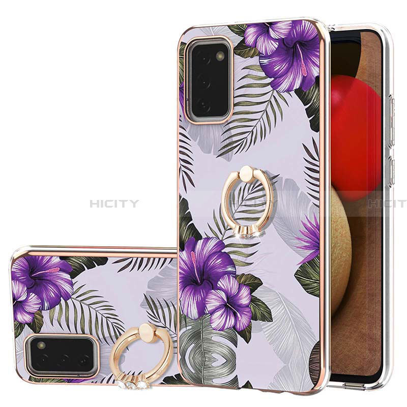 Funda Silicona Gel Goma Patron de Moda Carcasa con Anillo de dedo Soporte Y03B para Samsung Galaxy F02S SM-E025F Morado