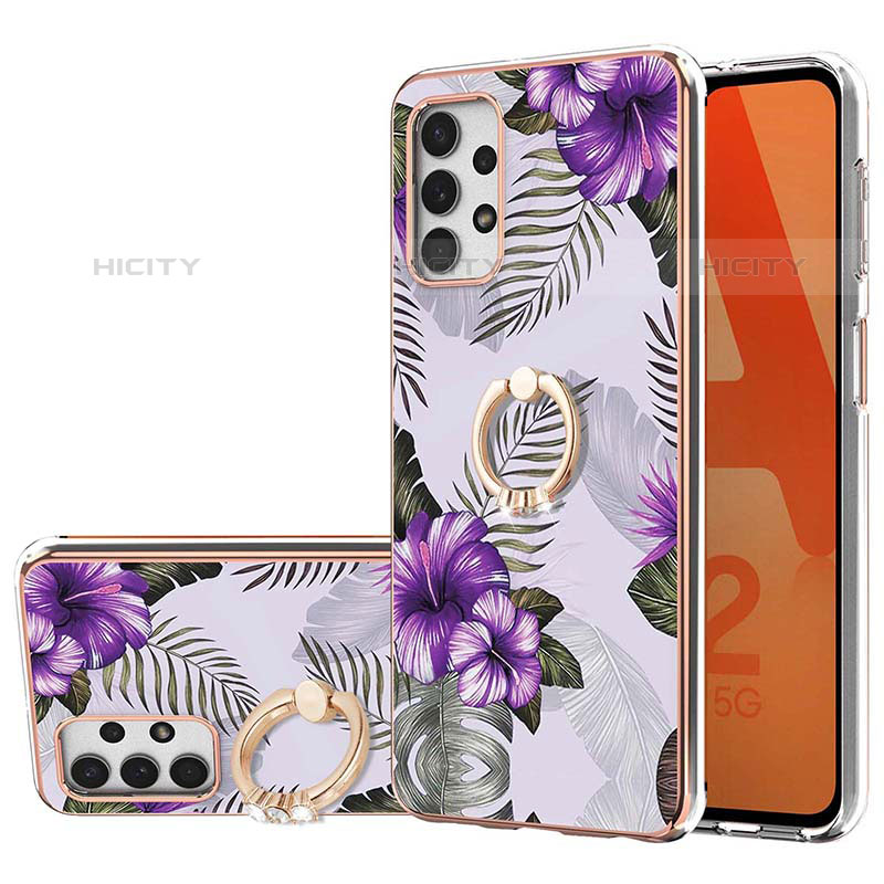 Funda Silicona Gel Goma Patron de Moda Carcasa con Anillo de dedo Soporte Y03B para Samsung Galaxy M32 5G Morado