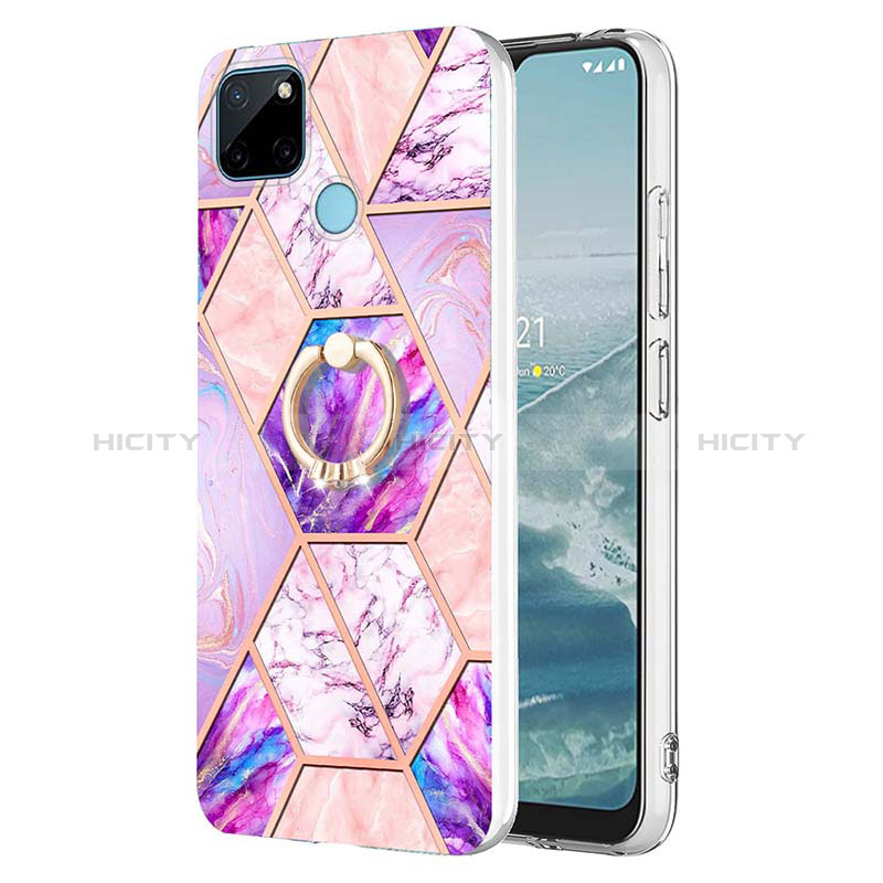 Funda Silicona Gel Goma Patron de Moda Carcasa con Anillo de dedo Soporte Y04B para Realme C21Y Purpura Claro