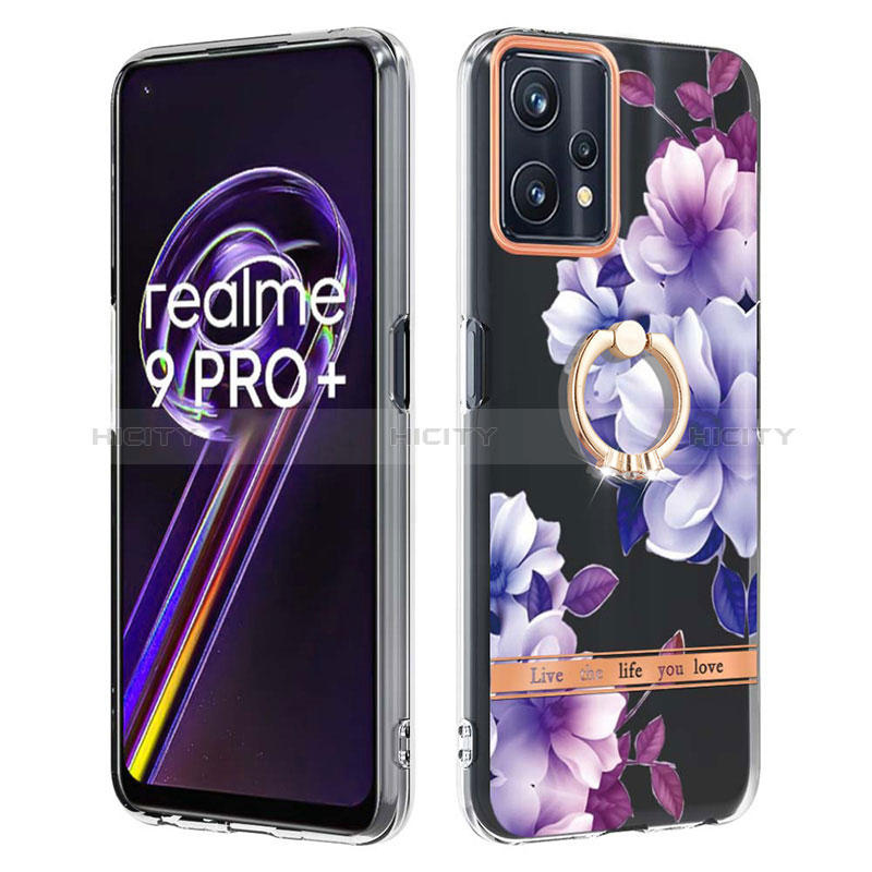 Funda Silicona Gel Goma Patron de Moda Carcasa con Anillo de dedo Soporte Y06B para Realme 9 Pro+ Plus 5G Morado