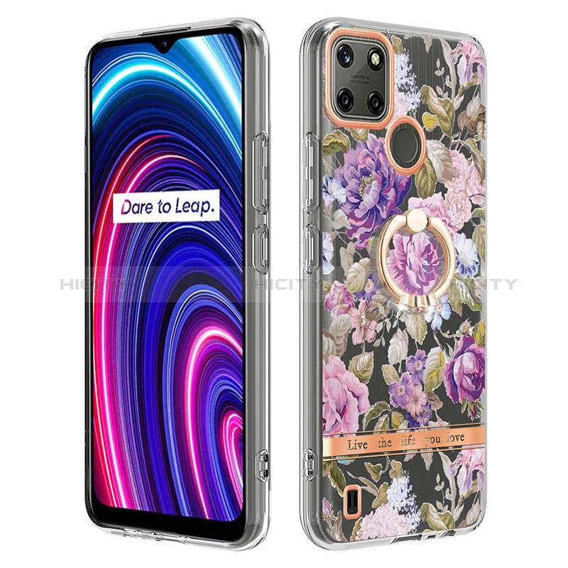 Funda Silicona Gel Goma Patron de Moda Carcasa con Anillo de dedo Soporte Y06B para Realme C25Y India Purpura Claro