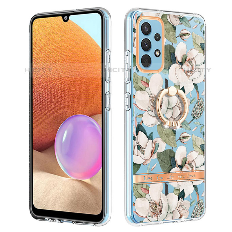 Funda Silicona Gel Goma Patron de Moda Carcasa con Anillo de dedo Soporte Y06B para Samsung Galaxy M32 5G Blanco