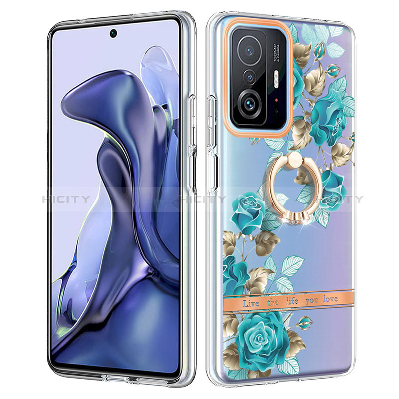 Funda Silicona Gel Goma Patron de Moda Carcasa con Anillo de dedo Soporte Y06B para Xiaomi Mi 11T Pro 5G Cian