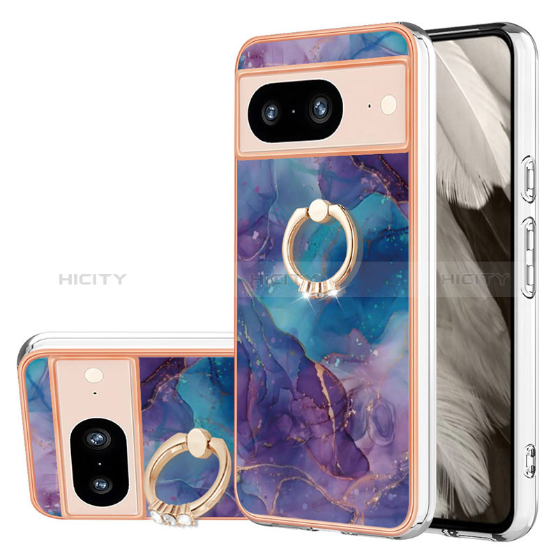 Funda Silicona Gel Goma Patron de Moda Carcasa con Anillo de dedo Soporte YB1 para Google Pixel 8 5G Morado