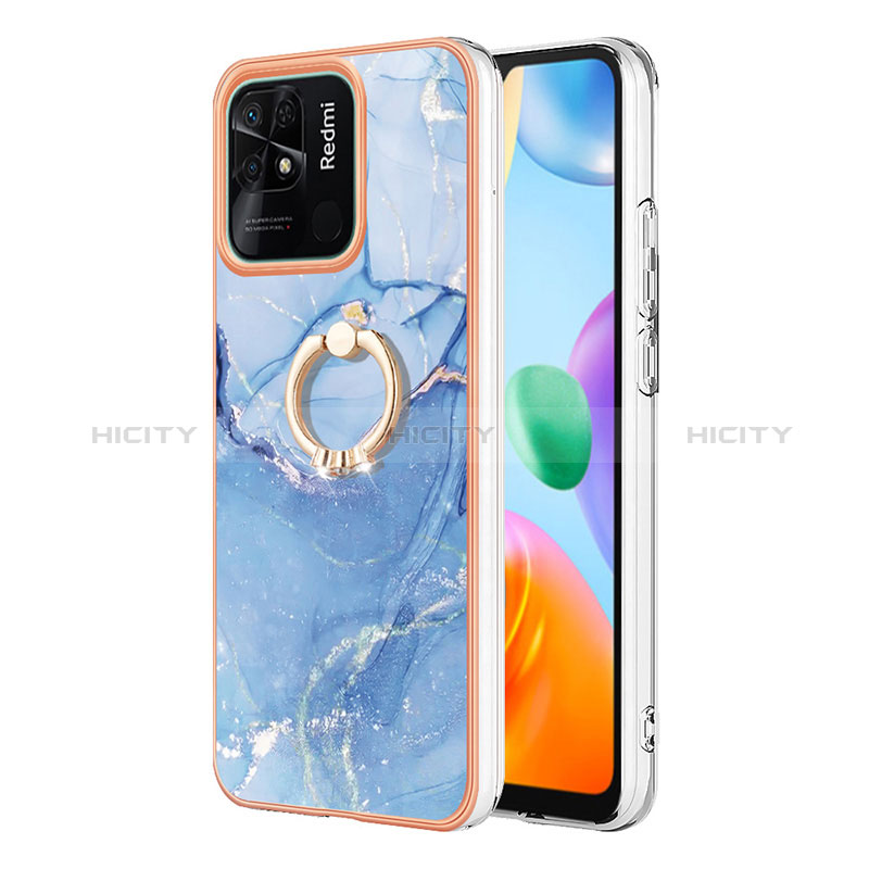 Funda Silicona Gel Goma Patron de Moda Carcasa con Anillo de dedo Soporte YB1 para Xiaomi Redmi 10 India Azul