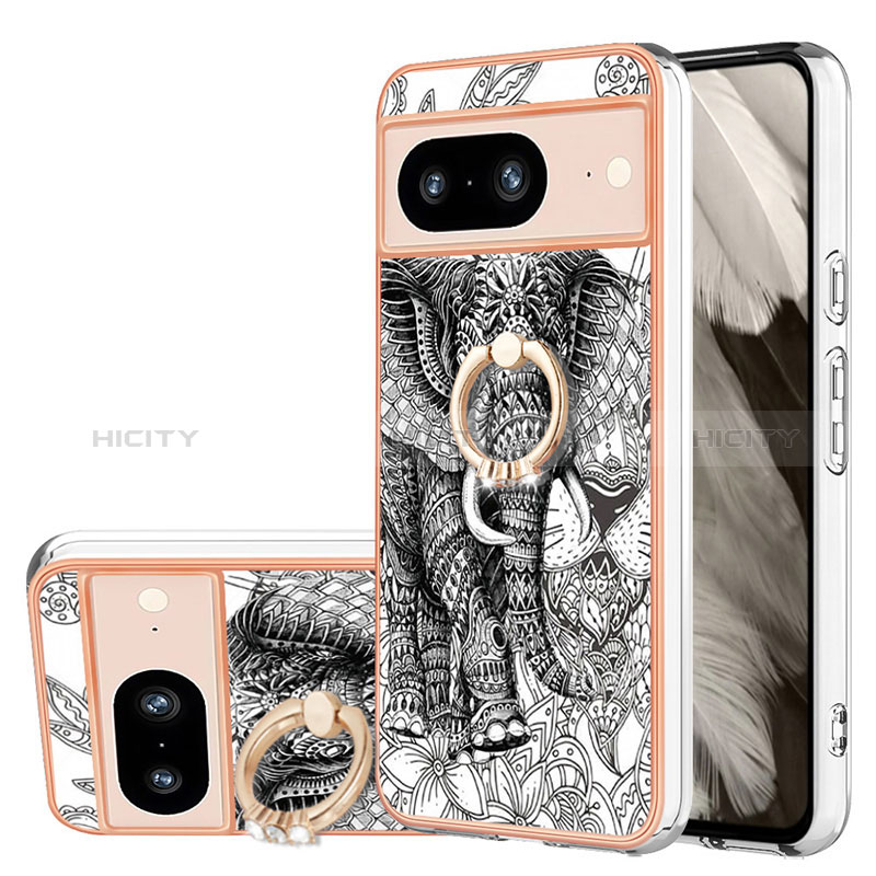 Funda Silicona Gel Goma Patron de Moda Carcasa con Anillo de dedo Soporte YB2 para Google Pixel 8 5G Gris