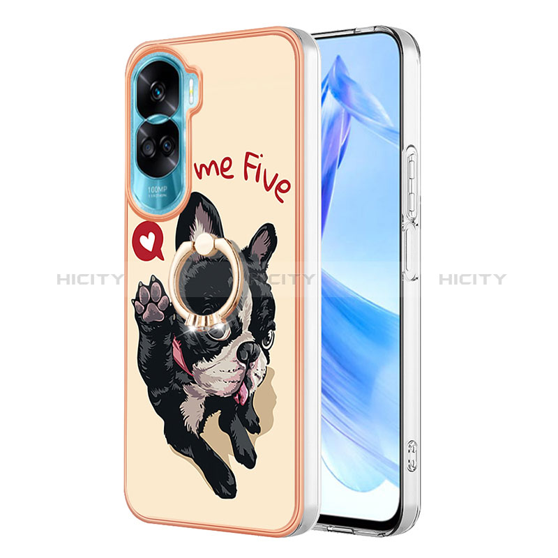 Funda Silicona Gel Goma Patron de Moda Carcasa con Anillo de dedo Soporte YB2 para Huawei Honor 90 Lite 5G Caqui