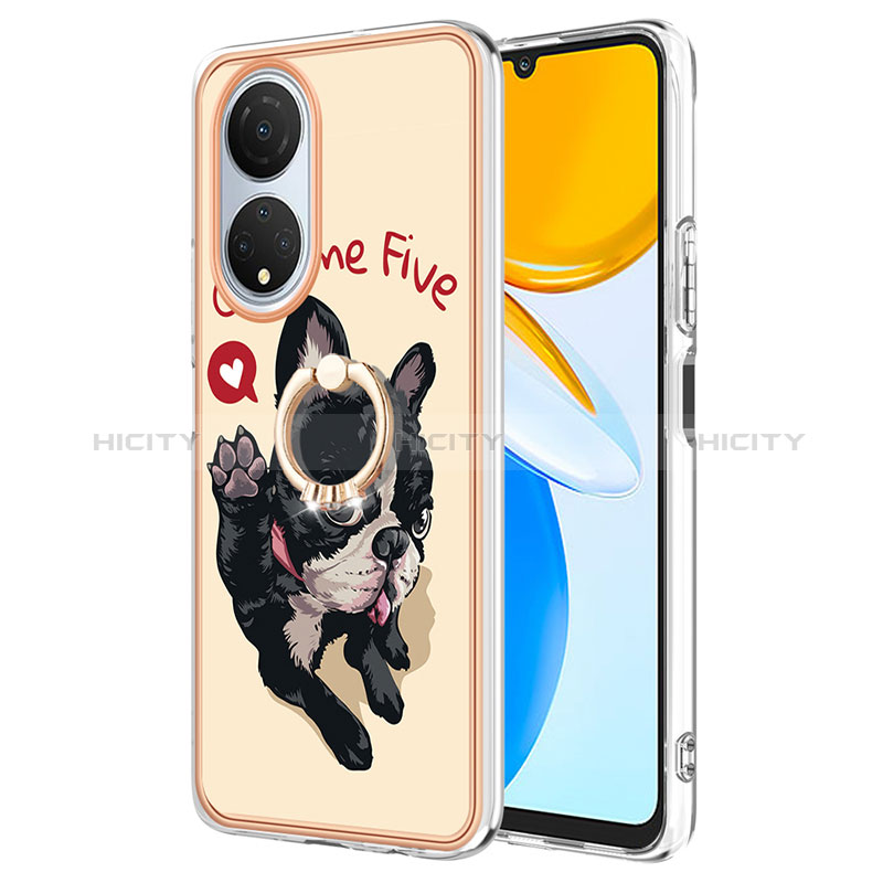 Funda Silicona Gel Goma Patron de Moda Carcasa con Anillo de dedo Soporte YB2 para Huawei Honor X7 Caqui