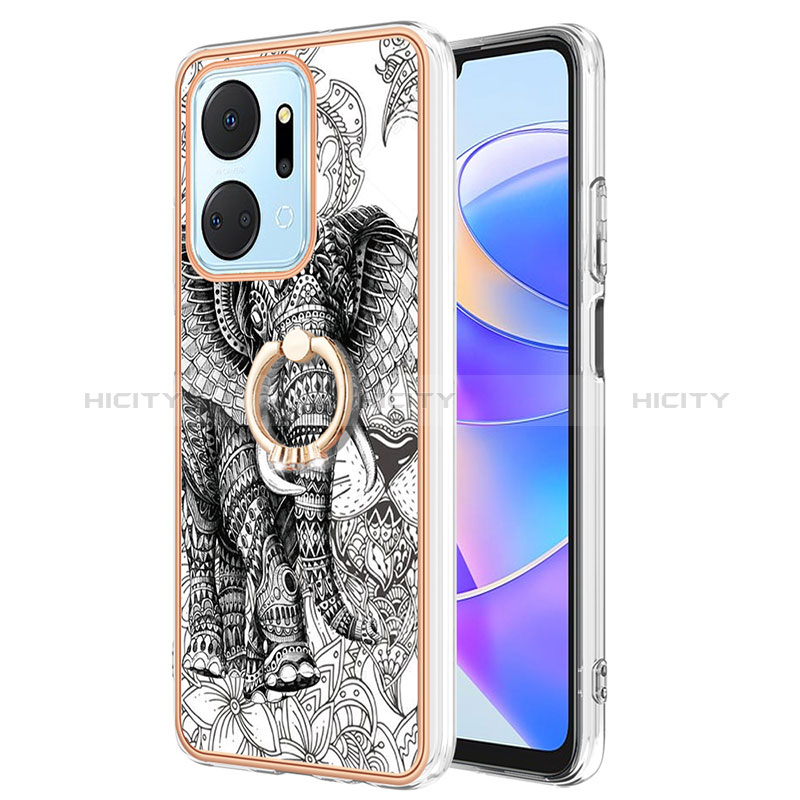 Funda Silicona Gel Goma Patron de Moda Carcasa con Anillo de dedo Soporte YB2 para Huawei Honor X7a Gris