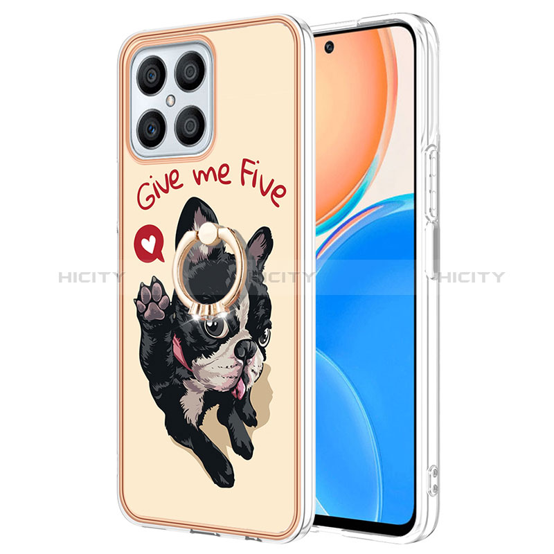 Funda Silicona Gel Goma Patron de Moda Carcasa con Anillo de dedo Soporte YB2 para Huawei Honor X8 4G Caqui