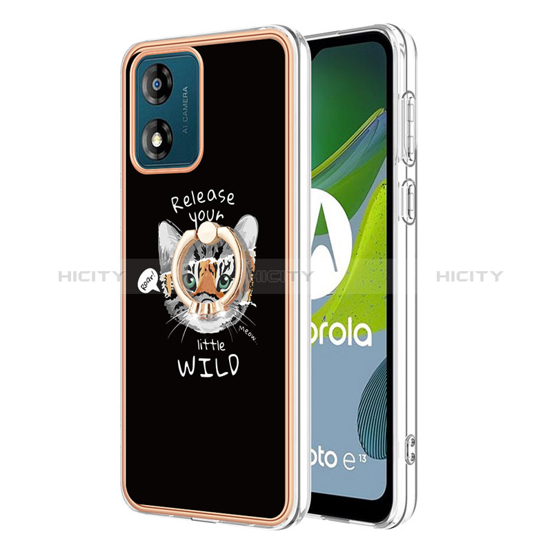 Funda Silicona Gel Goma Patron de Moda Carcasa con Anillo de dedo Soporte YB2 para Motorola Moto E13