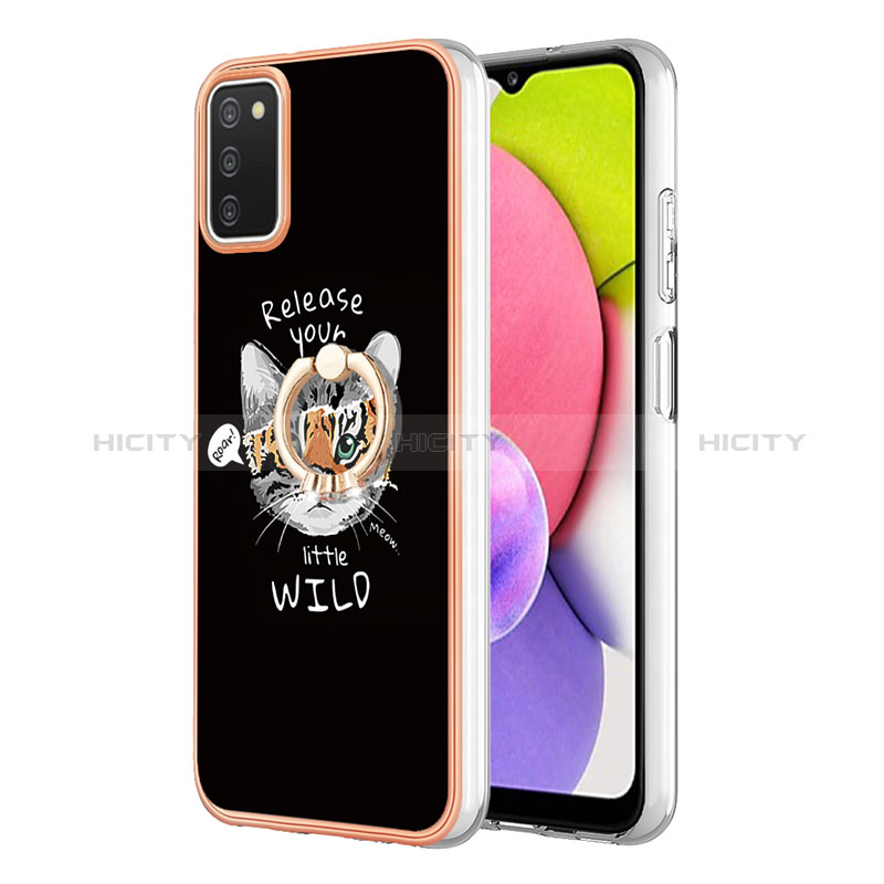 Funda Silicona Gel Goma Patron de Moda Carcasa con Anillo de dedo Soporte YB2 para Samsung Galaxy A03s