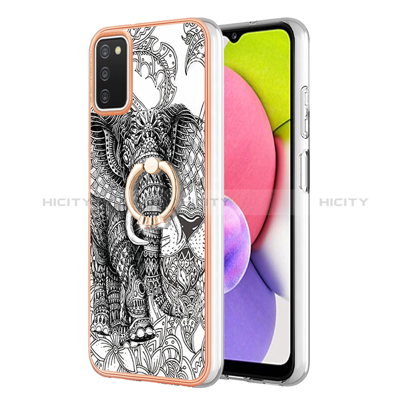 Funda Silicona Gel Goma Patron de Moda Carcasa con Anillo de dedo Soporte YB2 para Samsung Galaxy A03s Gris