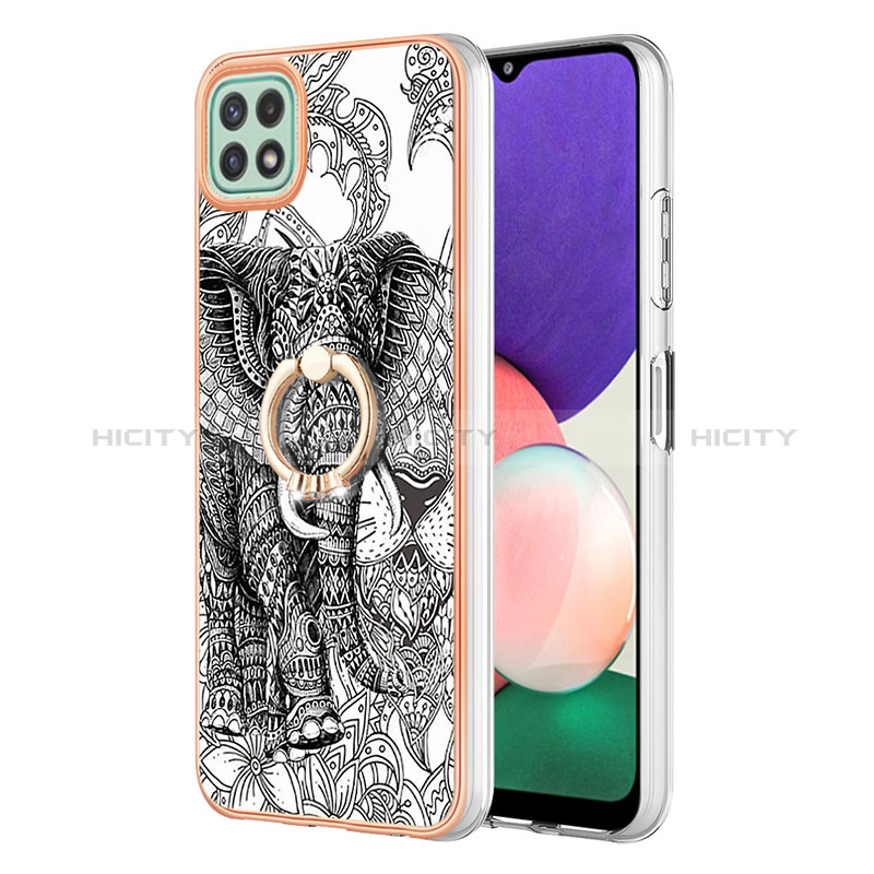 Funda Silicona Gel Goma Patron de Moda Carcasa con Anillo de dedo Soporte YB2 para Samsung Galaxy A22 5G Gris