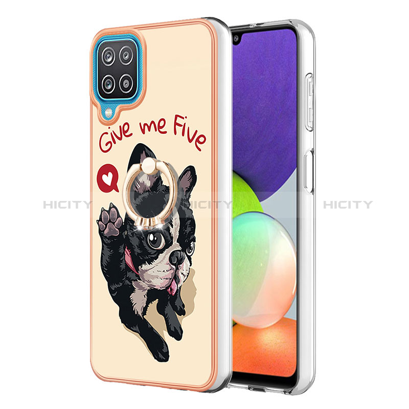 Funda Silicona Gel Goma Patron de Moda Carcasa con Anillo de dedo Soporte YB2 para Samsung Galaxy M12 Caqui