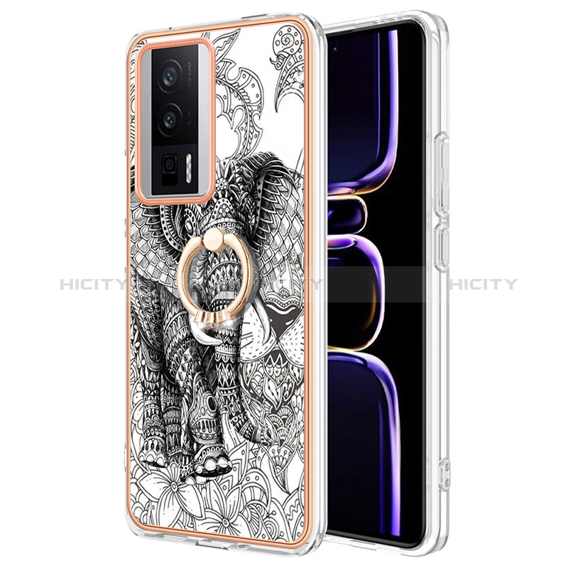 Funda Silicona Gel Goma Patron de Moda Carcasa con Anillo de dedo Soporte YB2 para Xiaomi Redmi K60 5G Gris