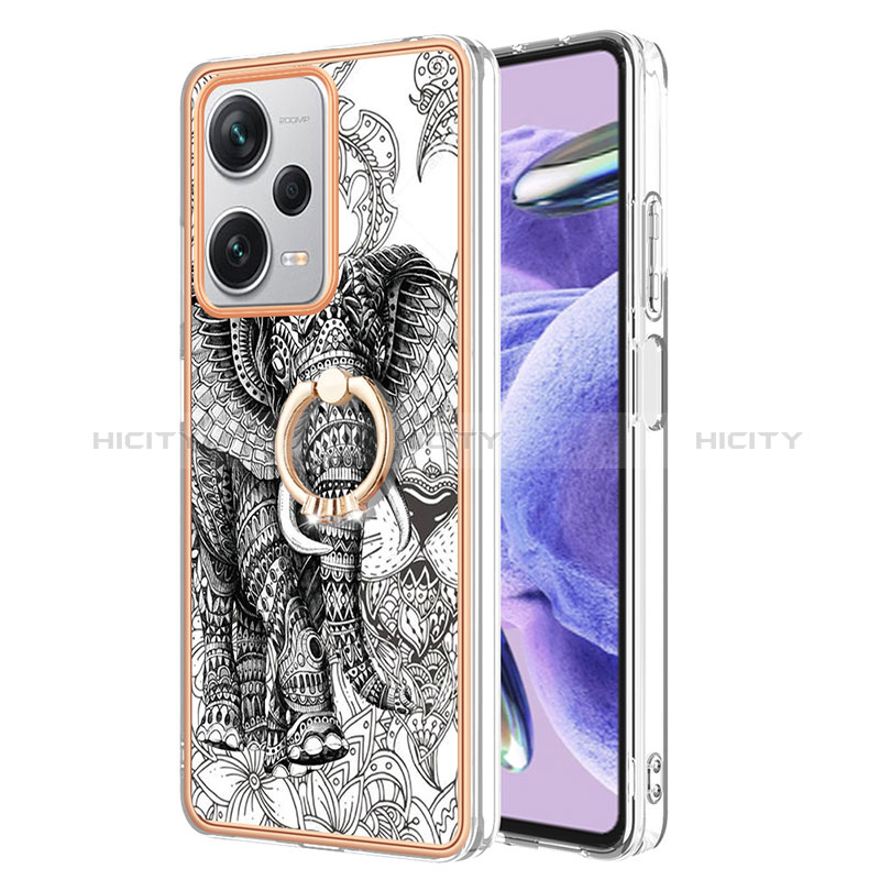 Funda Silicona Gel Goma Patron de Moda Carcasa con Anillo de dedo Soporte YB2 para Xiaomi Redmi Note 12 Explorer Gris