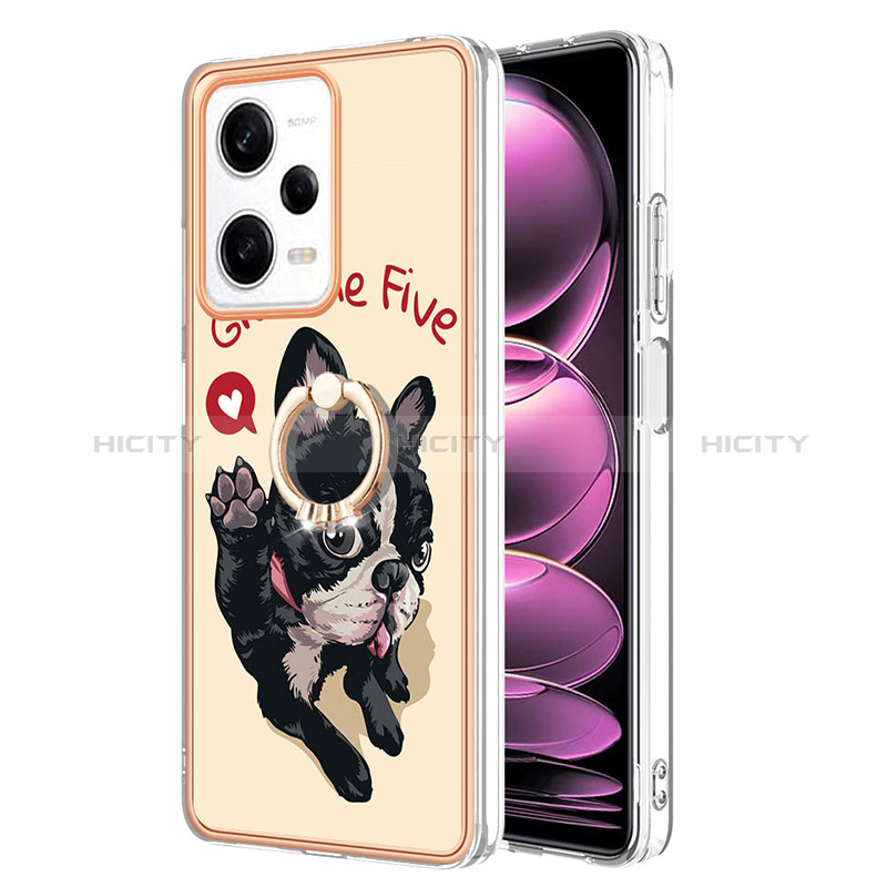 Funda Silicona Gel Goma Patron de Moda Carcasa con Anillo de dedo Soporte YB2 para Xiaomi Redmi Note 12 Pro 5G Caqui