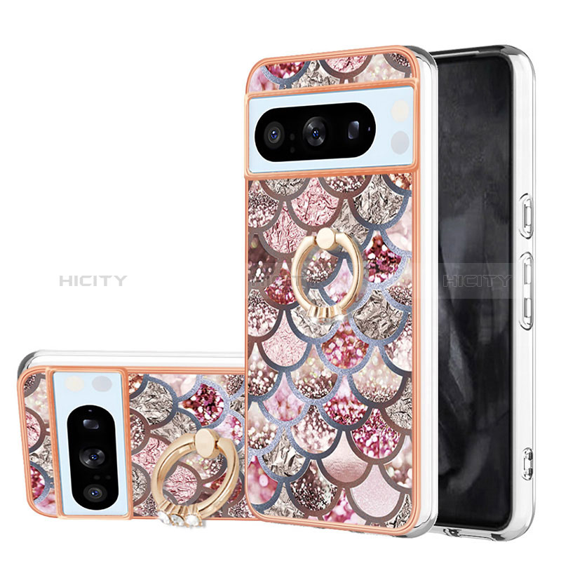 Funda Silicona Gel Goma Patron de Moda Carcasa con Anillo de dedo Soporte YB3 para Google Pixel 8 Pro 5G Marron