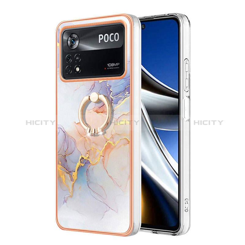 Funda Silicona Gel Goma Patron de Moda Carcasa con Anillo de dedo Soporte YB3 para Xiaomi Poco X4 Pro 5G Purpura Claro