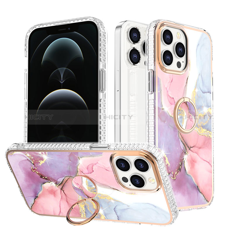 Funda Silicona Gel Goma Patron de Moda Carcasa con Anillo de dedo Soporte YJ1 para Apple iPhone 13 Pro Max Rosa