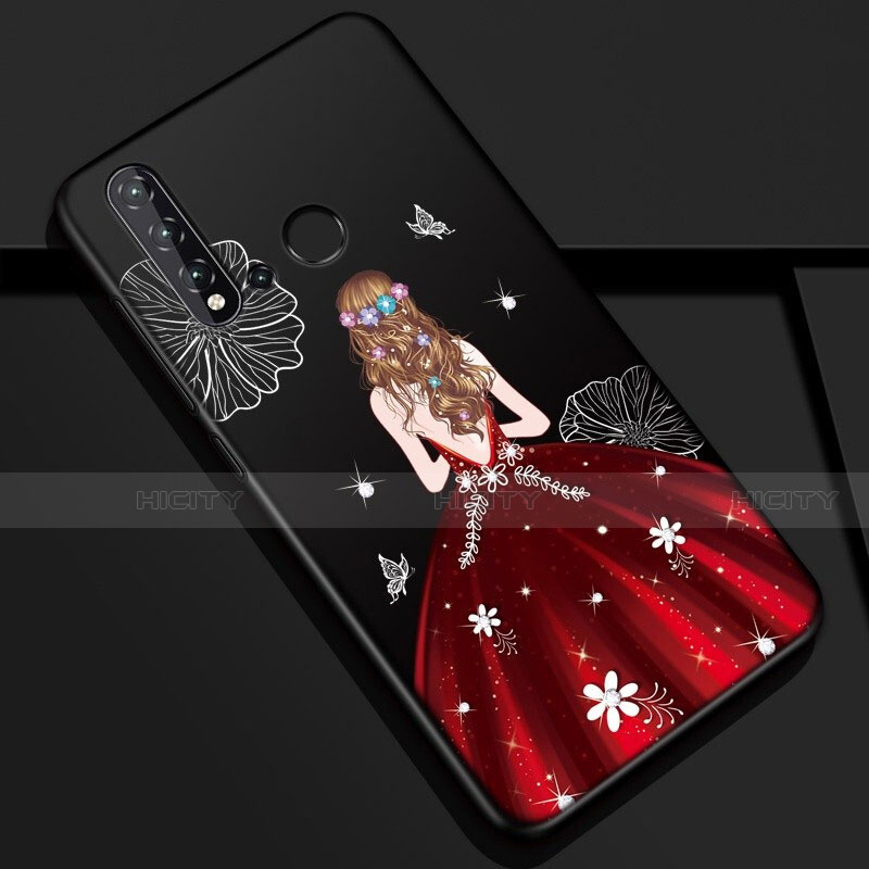 Funda Silicona Gel Goma Vestido de Novia Carcasa para Huawei Nova 5i Rojo y Negro