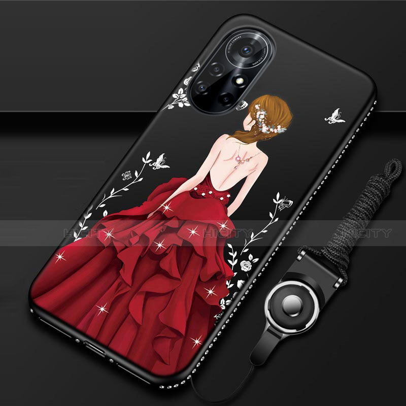 Funda Silicona Gel Goma Vestido de Novia Carcasa para Huawei Nova 8 Pro 5G Rojo y Negro