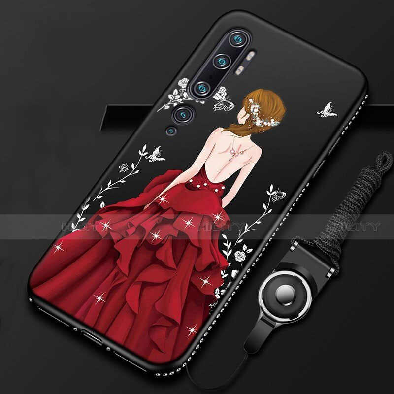 Funda Silicona Gel Goma Vestido de Novia Carcasa S01 para Xiaomi Mi Note 10 Rojo y Negro