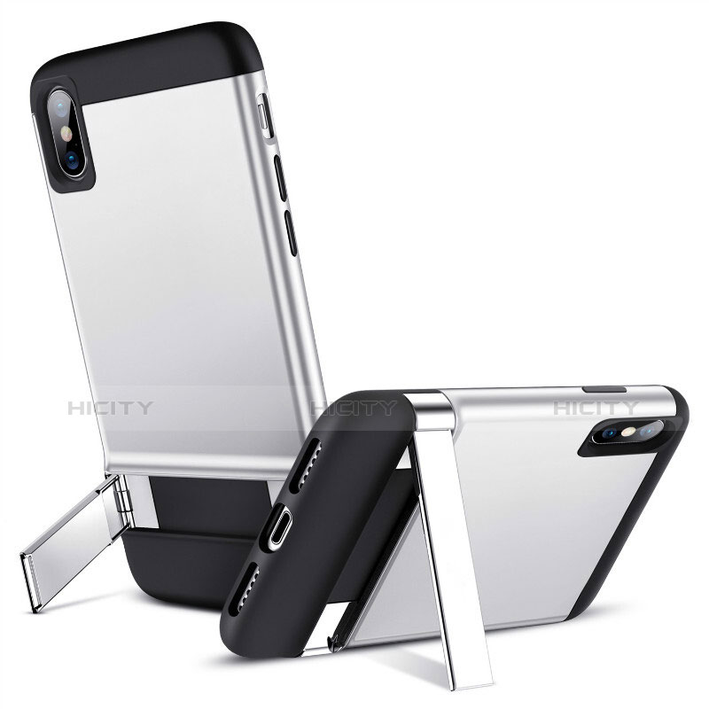 Funda Silicona Goma con Soporte para Apple iPhone X Plata