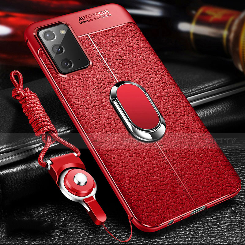 Funda Silicona Goma de Cuero Carcasa con Magnetico Anillo de dedo Soporte N02 para Samsung Galaxy Note 20 5G Rojo