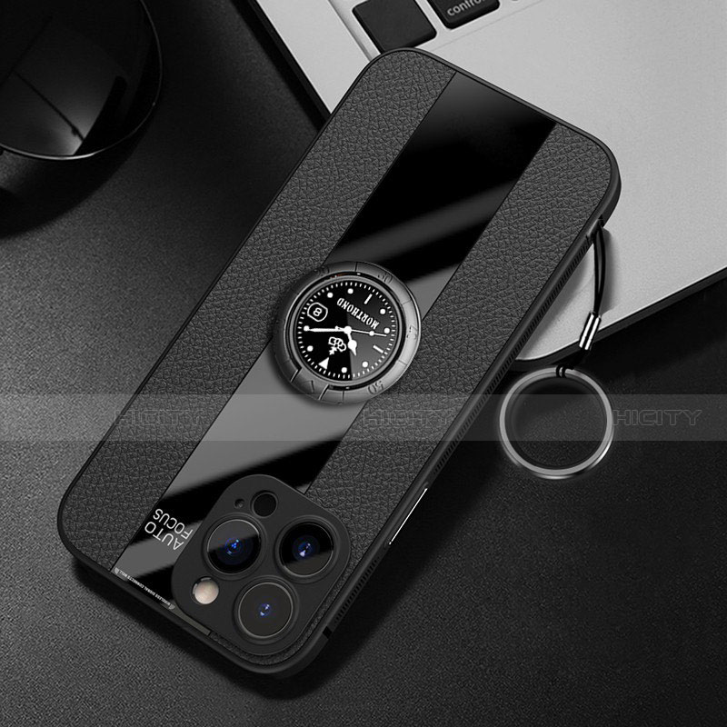 Funda Silicona Goma de Cuero Carcasa con Magnetico Anillo de dedo Soporte para Apple iPhone 14 Pro Max Negro