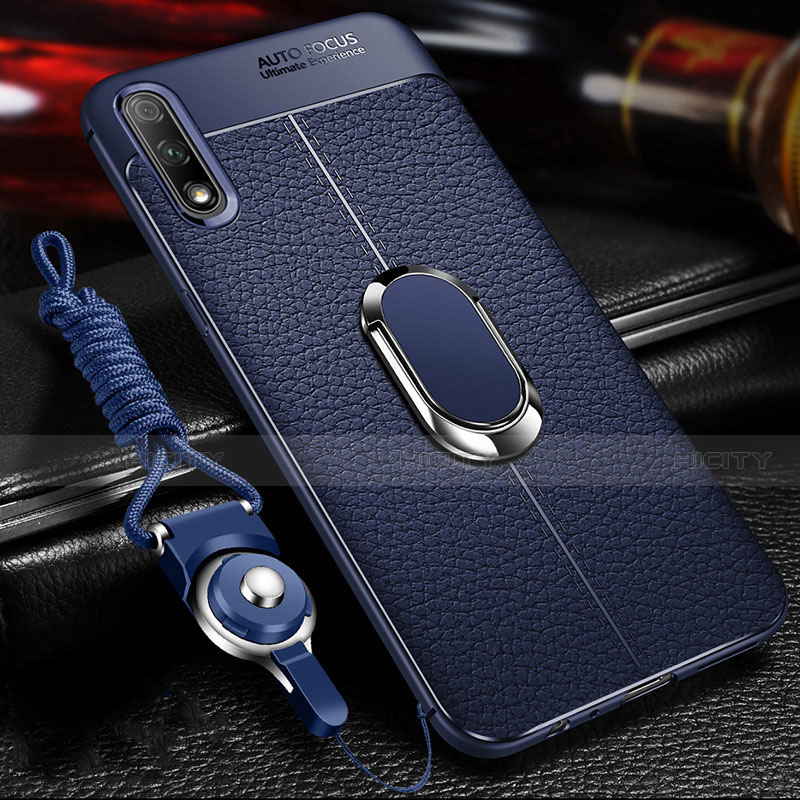 Funda Silicona Goma de Cuero Carcasa con Magnetico Anillo de dedo Soporte para Huawei Enjoy 10 Azul