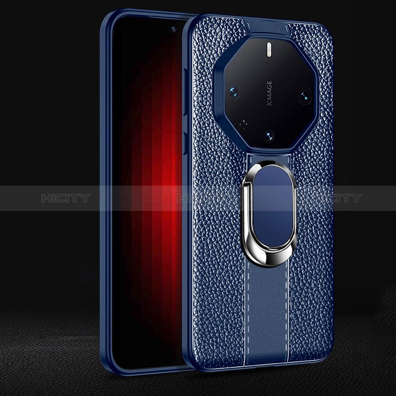 Funda Silicona Goma de Cuero Carcasa con Magnetico Anillo de dedo Soporte para Huawei Mate 60 RS Ultimate Azul