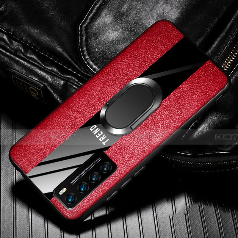 Funda Silicona Goma de Cuero Carcasa con Magnetico Anillo de dedo Soporte para Huawei Nova 7 5G Rojo