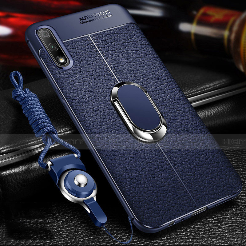 Funda Silicona Goma de Cuero Carcasa con Magnetico Anillo de dedo Soporte para Huawei P Smart Z (2019) Azul