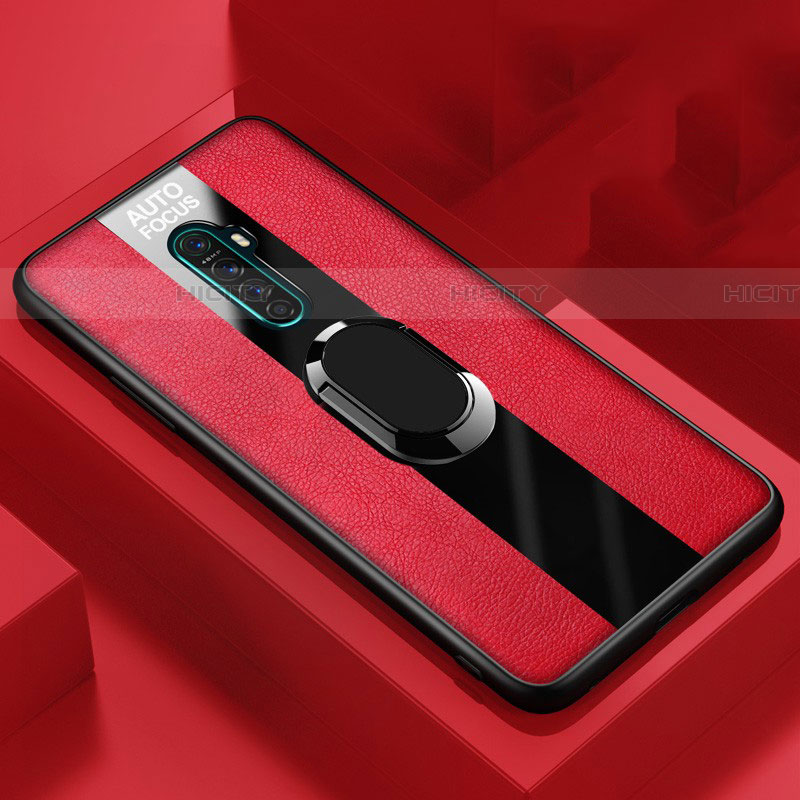 Funda Silicona Goma de Cuero Carcasa con Magnetico Anillo de dedo Soporte para Oppo Reno Ace Rojo