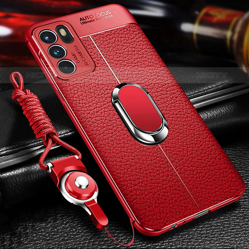 Funda Silicona Goma de Cuero Carcasa con Magnetico Anillo de dedo Soporte para Oppo Reno6 Pro 5G India Rojo