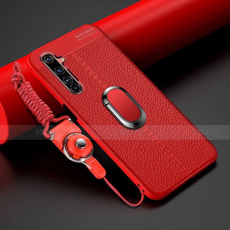 Funda Silicona Goma de Cuero Carcasa con Magnetico Anillo de dedo Soporte para Realme 6 Pro Rojo