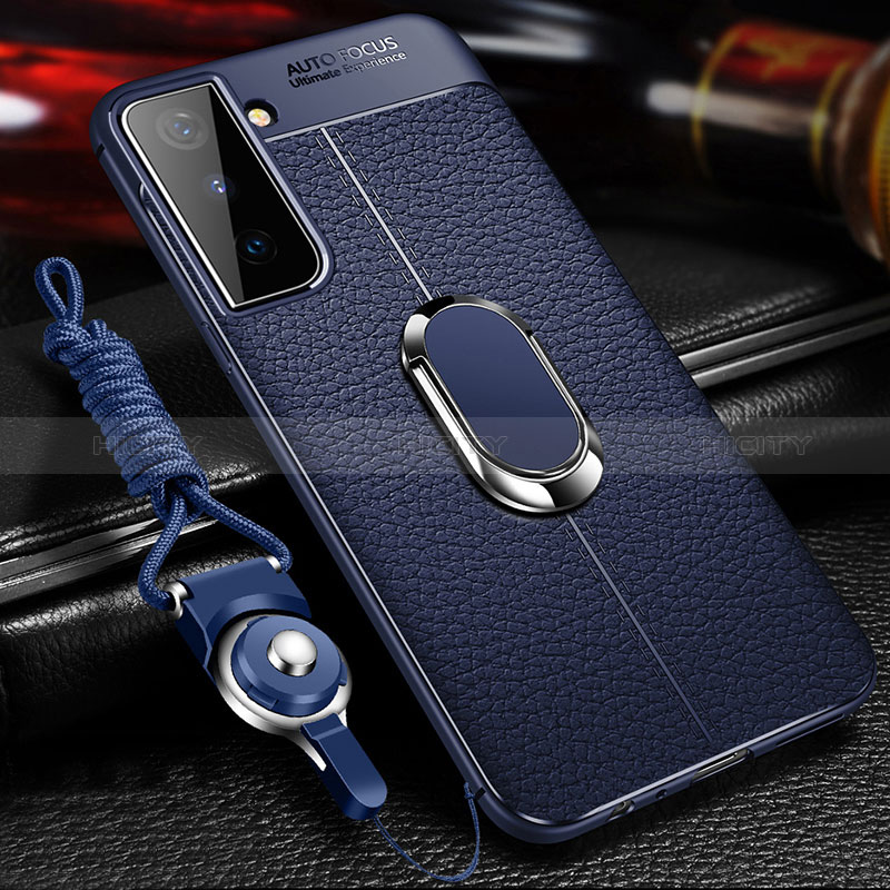 Funda Silicona Goma de Cuero Carcasa con Magnetico Anillo de dedo Soporte para Samsung Galaxy S24 Plus 5G Azul