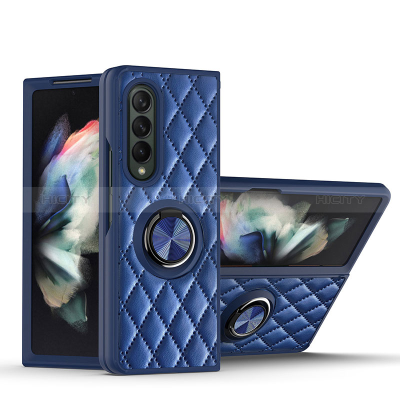 Funda Silicona Goma de Cuero Carcasa con Magnetico Anillo de dedo Soporte para Samsung Galaxy Z Fold3 5G Azul