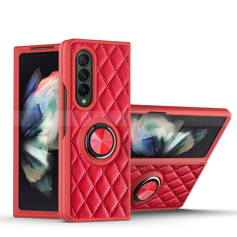 Funda Silicona Goma de Cuero Carcasa con Magnetico Anillo de dedo Soporte para Samsung Galaxy Z Fold3 5G Rojo