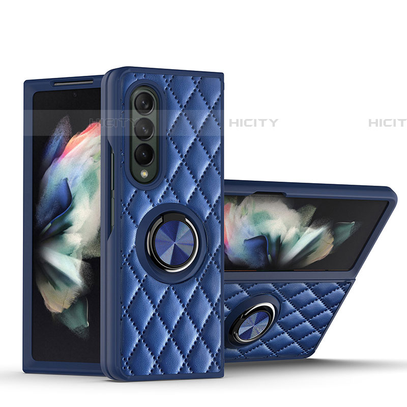 Funda Silicona Goma de Cuero Carcasa con Magnetico Anillo de dedo Soporte para Samsung Galaxy Z Fold4 5G Azul