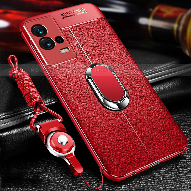 Funda Silicona Goma de Cuero Carcasa con Magnetico Anillo de dedo Soporte para Vivo iQOO 8 Pro 5G Rojo